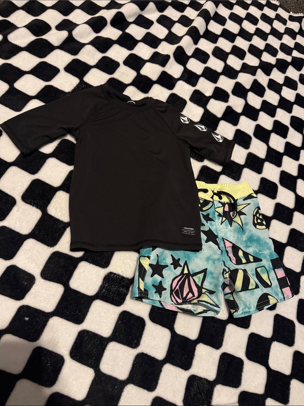 Volcom Black Rashguard with  90s Pastel Graphic Swim Shorts
